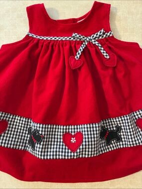Rare, Too! Red Corduroy-Gingham Trim Dress with Heart and Scotty Dog Motif 2T